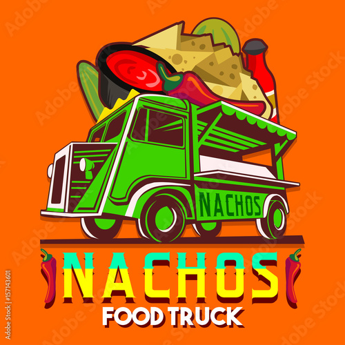 Food truck logotype for Mexican nachos chili pepper fast delivery service or summer food festival. Truck van with nachos an chili pepper advertise ads vector logo