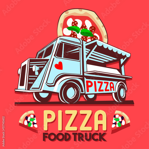 Food truck logotype for Pizza fast delivery service or food festival. Truck van with pizza advertise ads vector logo