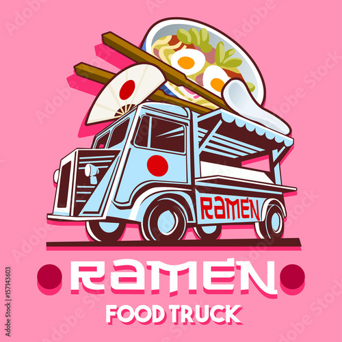 Food truck logotype for ramen Japanese restaurant fast delivery service or food festival. Truck van with ramen advertise ads vector logo