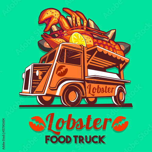 Food truck logotype for lobster and seafood salad fast delivery service or summer food festival. Truck van with red lobster advertise ads vector logo