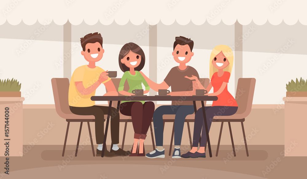 Friends are sitting at a table in a summer cafe. Vector illustration in a flat style Friends are sitting at a table in a summer cafe. Vector illustration in a flat style