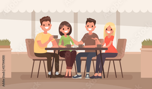Friends are sitting at a table in a summer cafe. Vector illustration in a flat style