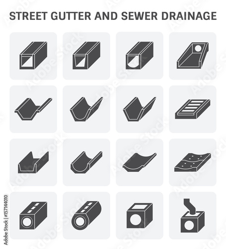 Street gutter, drainage system vector icon consist of grate cover, precast concrete i.e. sewer pipe, trench, ditch, channel and manhole for access cleaning, drain rainwater, stormwater from road, city