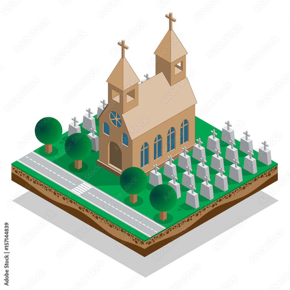 Church in the cemetery. Isometric. Vector illustration.