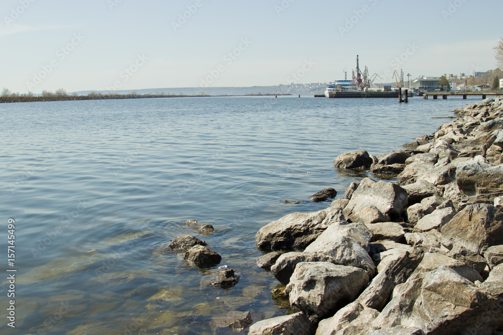Large stones on the banks of the Volga, River Port of Ulyanovsk.