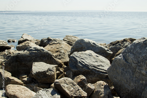 Large stones on the banks of the Volga, River Port of Ulyanovsk.