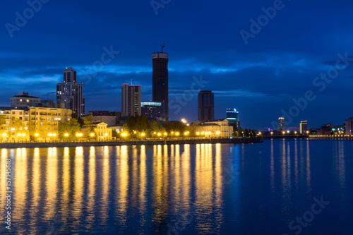 Panorama of the night over the center and buisness building of Ekaterinburg