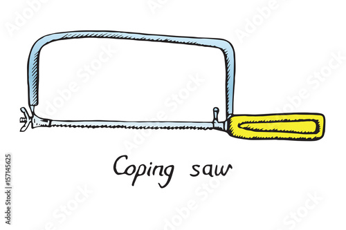 Coping saw, hand drawn doodle sketch in pop art style, vector color illustration