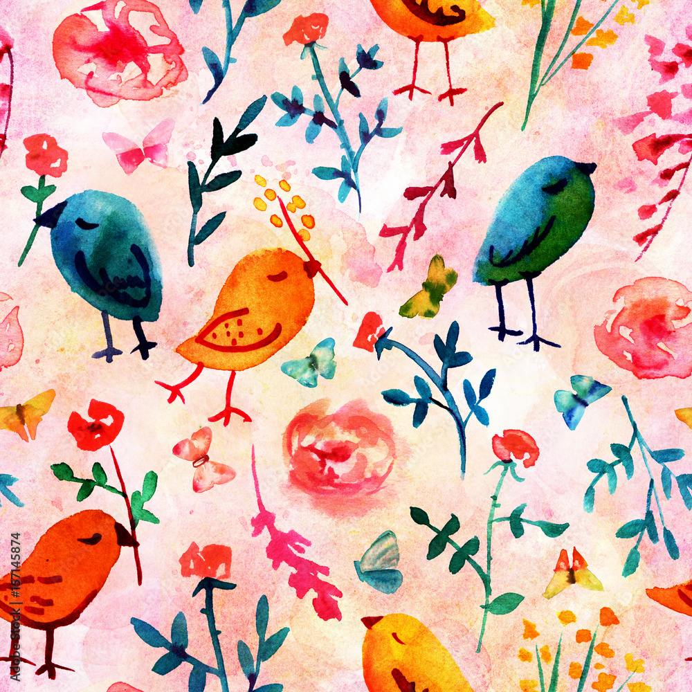 Seamless pink pattern with quirky watercolor birds and butterflies