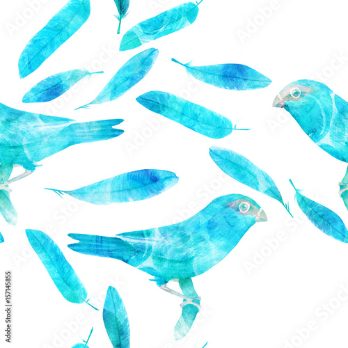 Seamless background pattern with teal watercolor bird and feathe
