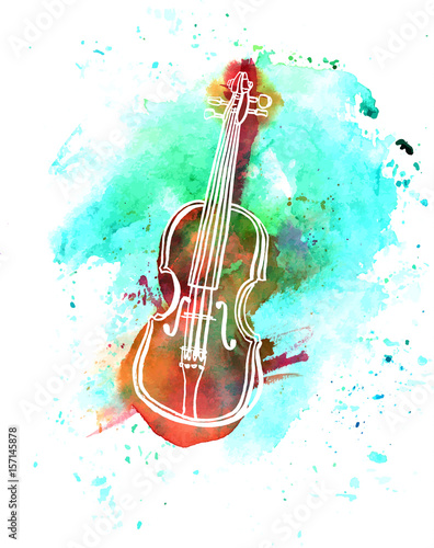 Vector and watercolor grunge violin drawing with copyspace