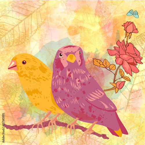 Vector postcard with birds and roses on golden autumn leaves