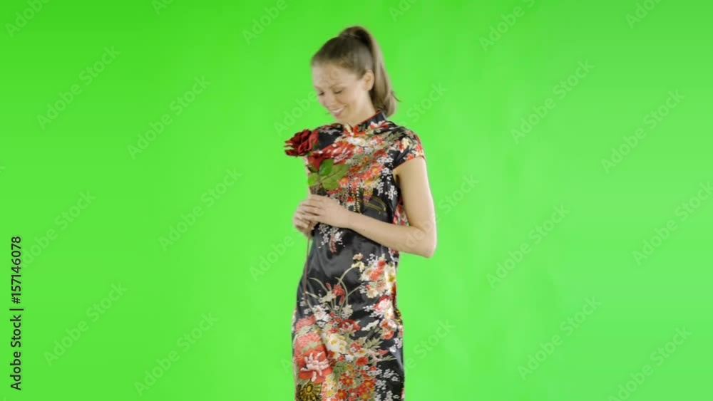 caucasian woman greenscreen cut out chineese asian dress caucasian woman greenscreen cut out chineese asian dress