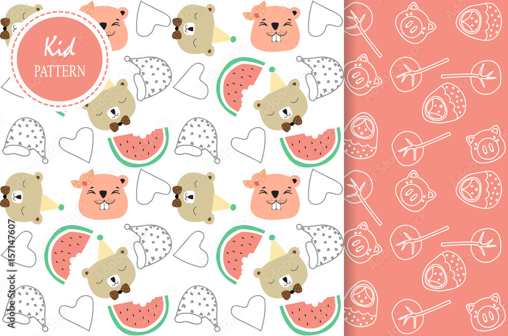 Fototapeta premium Light pink,white seamless pattern with squirrel,bear,pig,watermelon and tree