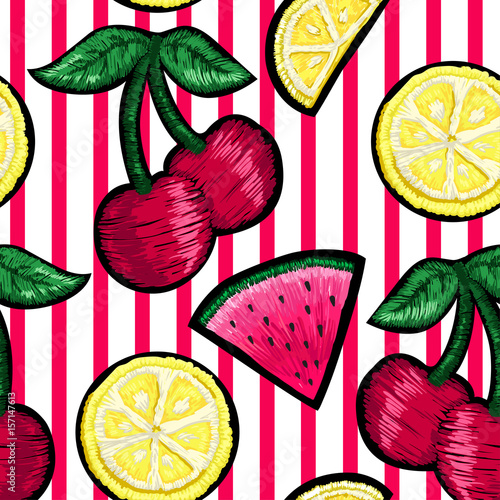 Seamless pattern of patches fruits.