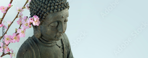 Buddha's head with blossom cherry branches