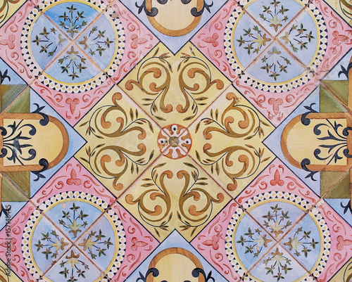 Detail of the traditional tiles from facade of old house. Decorative tiles.Spain traditional tiles. Floral ornament. Majolica, Watercolor. Valencia.