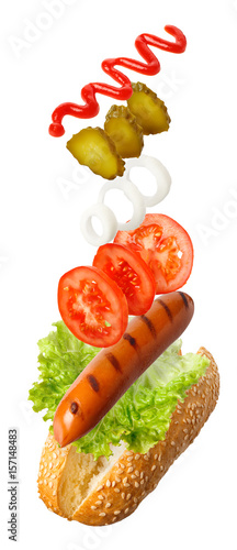 fly hot-dog isolated on white