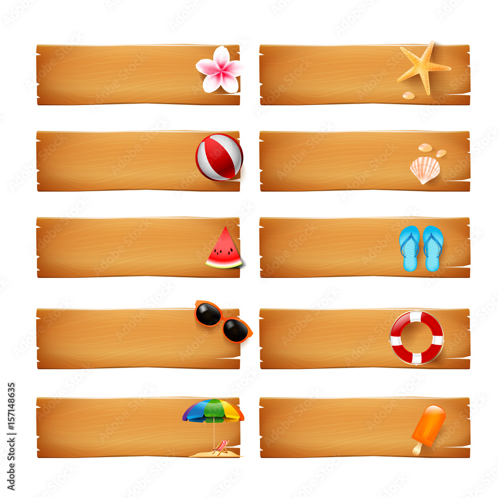 Fototapeta premium Collection of blank wood banner with summer icon element isolated on white background vector illustration eps10