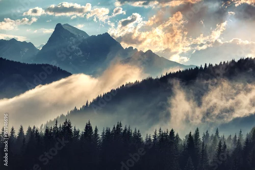 Obraz mglisty poranek w górach