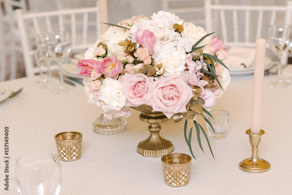 Guest table with with adorable bouquet, closeup Guest table with with adorable bouquet, closeup