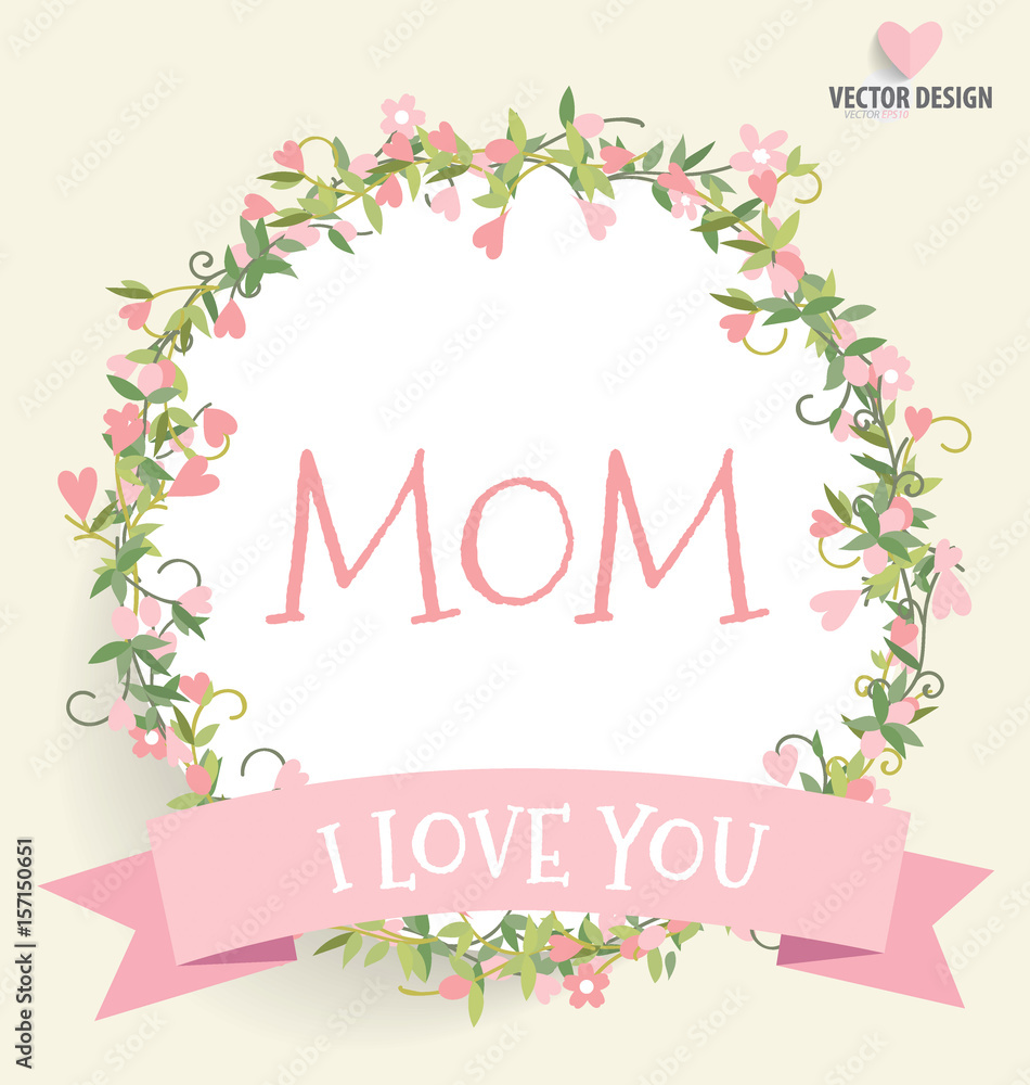 Happy Mother's Day, Floral bouquets with ribbon and heart, vector illustration