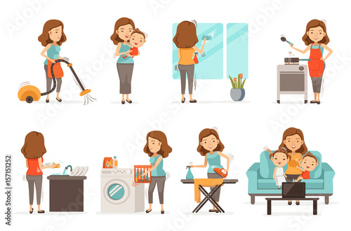 Smiling housewife and happy activities Set of affairs woman. Baby care ,
irons, vacuums, cleans, cooks,Wash dishes,Wipe the mirror, brings up children, video call. Isolated on white background
