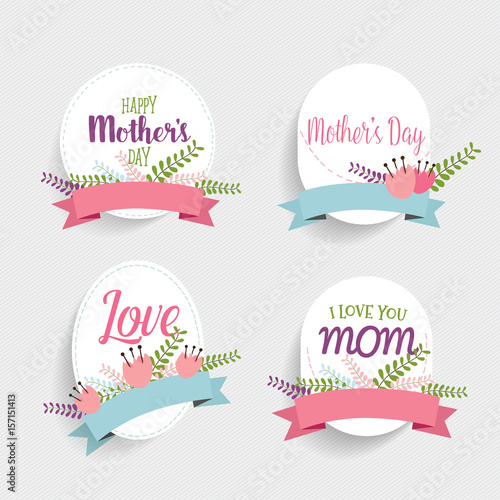 Happy Mother's Day, Floral bouquets with ribbon, vector illustration