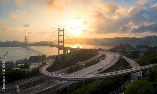 Tsing Ma Bridge in Hong Kong sunset