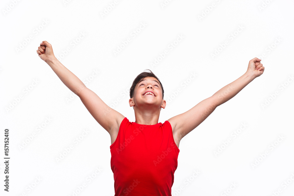 Cheerful boy with hands up Cheerful boy with hands up