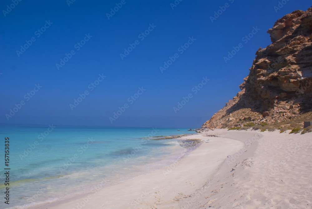 The white sand beach on the island of Sokur, Yemen, view. The weather is beautiful.