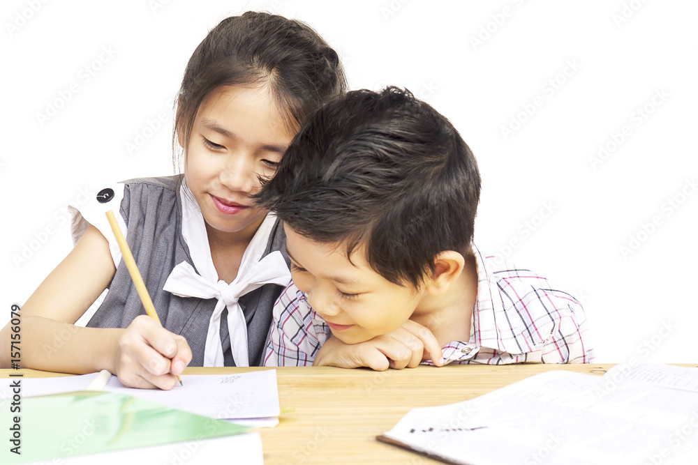 Kid are doing homework together over white background Kid are doing homework together over white background