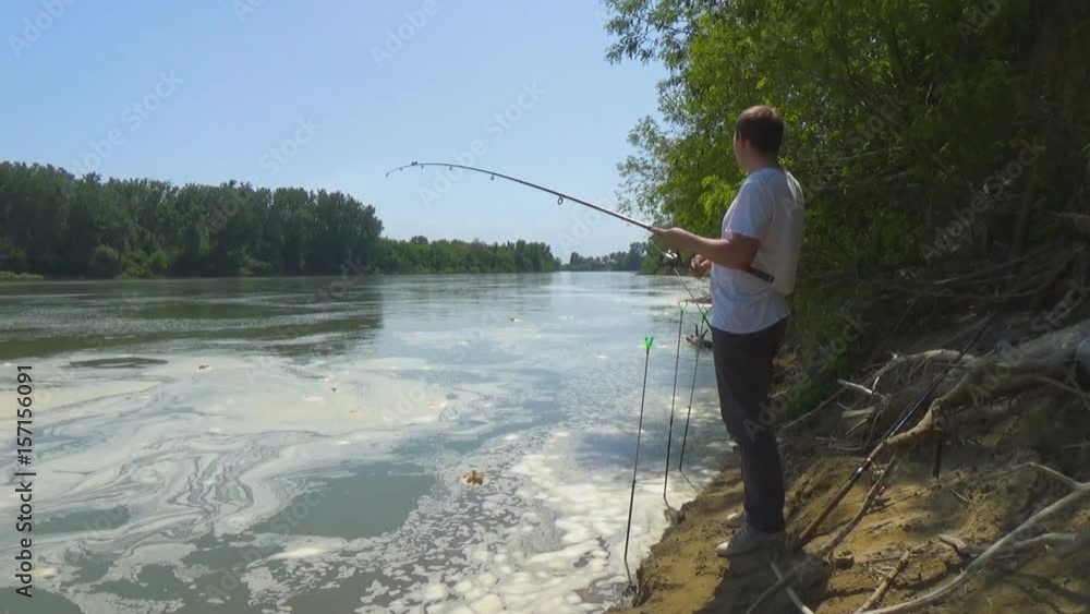 The guy twists the inertial coil on the spinning. The fisherman takes out a fishing pole from the river without a catch. The guy twists the inertial coil on the spinning. The fisherman takes out a fishing pole from the river without a catch.