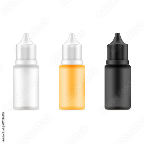 Set of bottles with different colors. Template for medical or cosmetic fluid, drops, oil, juice