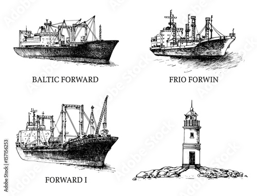 Set cargo ship, reefers, lighthouse