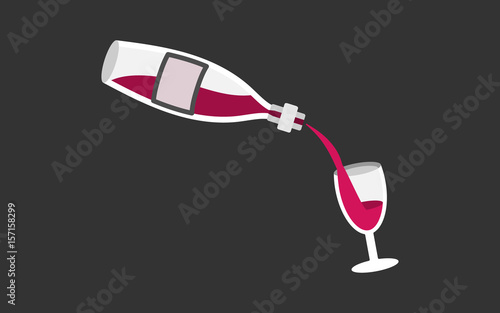 Vector illustration of red wine pouring into a glass from a bottle on a dark background