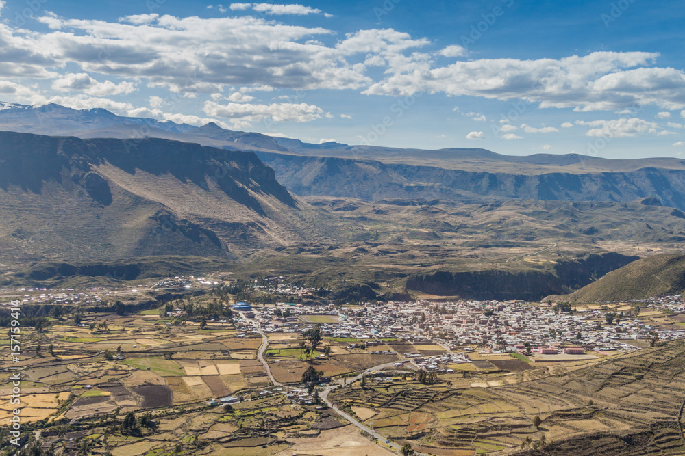 Aerial view of Chivay village, near Colca canyon, Peru