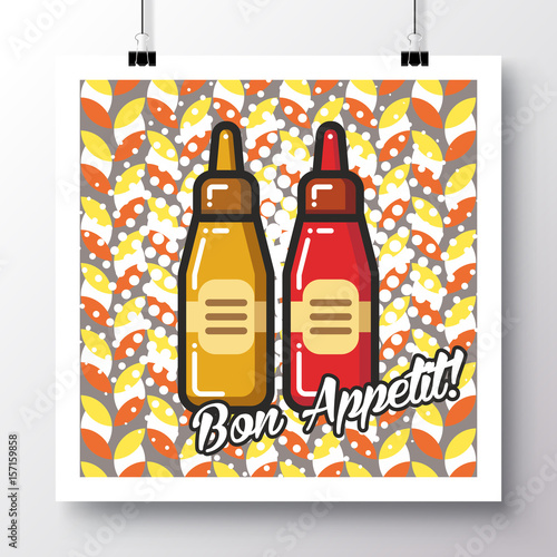 Poster with icon ketchup and mustardand and phrase-Bon Appetit on a vintage pattern background. Vector illustration for wallpaper, flyers, invitation, brochure, greeting card, menu.