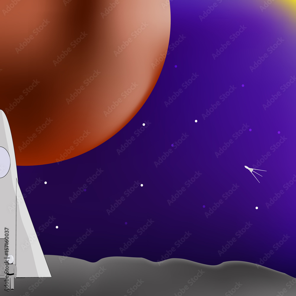 Vector illustration on a space theme. On one of the moons of Mars landed a spaceship, flew from Earth. Out of it came the astronaut and looks at the Sun and the research shuttle flying in the distance