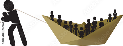 uomo tira la barca piena di persona