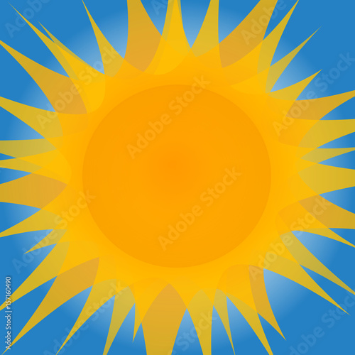 Big yellow sun with lot of beams on blue background