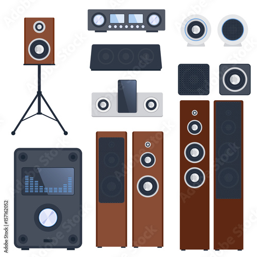 Home sound system stereo flat vector music loudspeakers player subwoofer equipment technology.