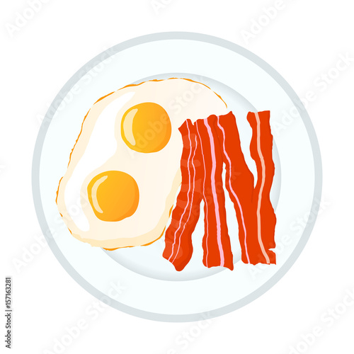 Bright fried eggs with bacon, breakfast icon isolated on white photo