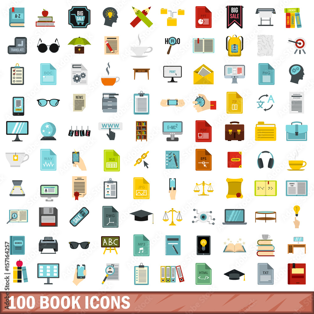 100 book icons set, flat style 100 book icons set, flat style
