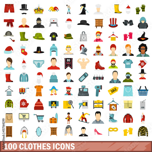 100 clothes icons set, flat style