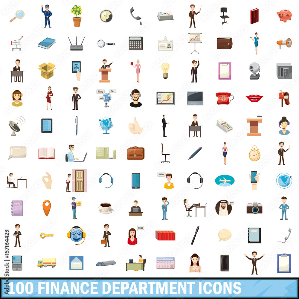 Fototapeta premium 100 finance department icons set, cartoon style