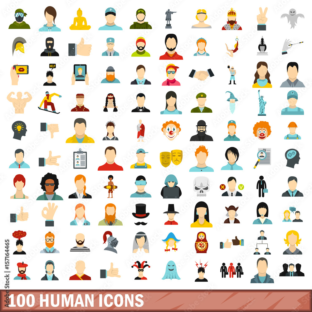 100 human icons set, flat style