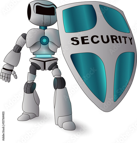 Robot holding Shield, Internet and Data Security Concept. Artificial Intelligence Future Technology isolated vector. Transparent.
