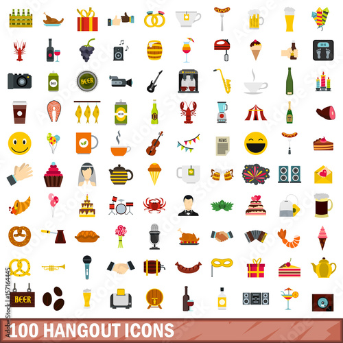 100 hangout icons set, flat style