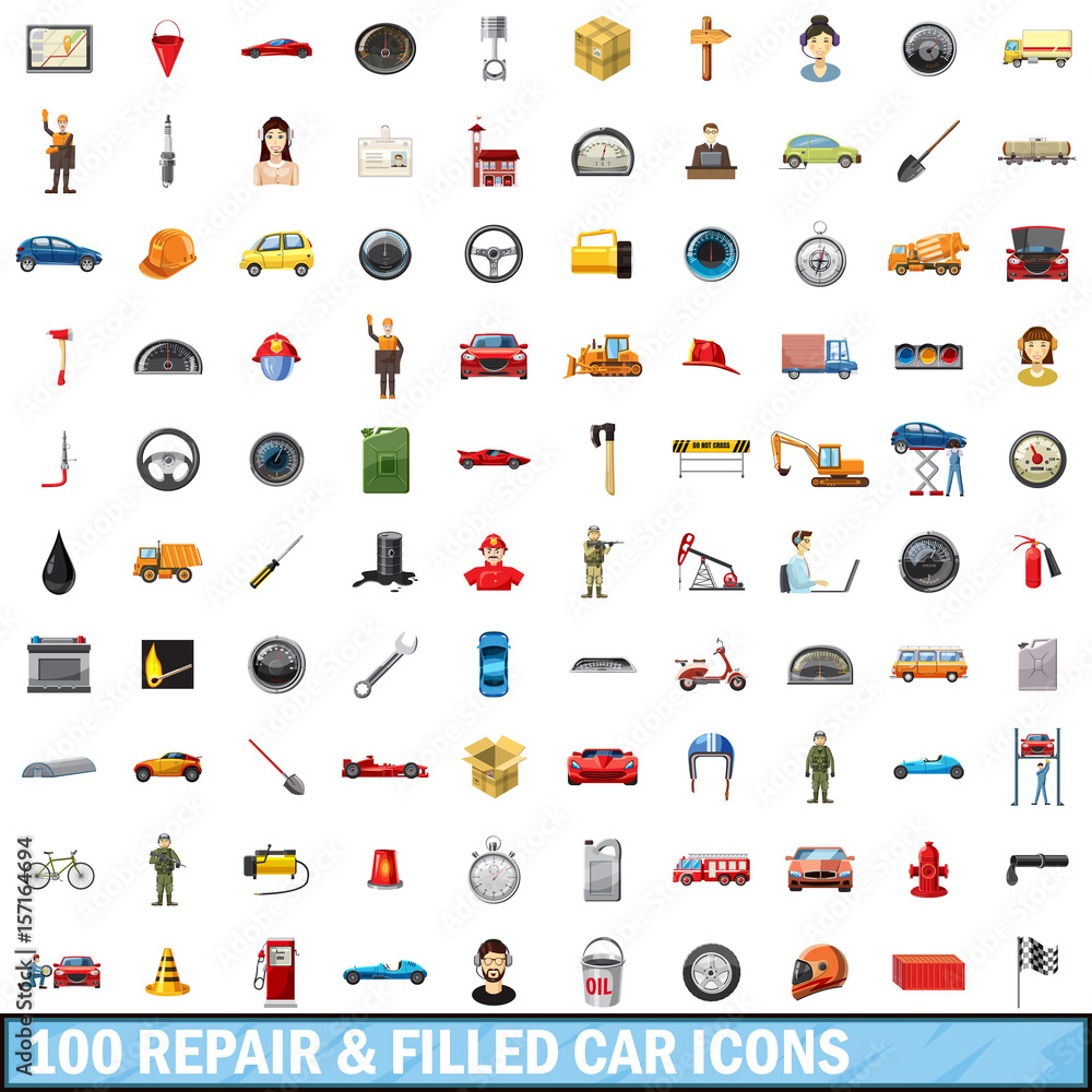 Fototapeta premium 100 repair filled car icons set, cartoon style